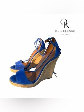 Aquazzura Royal Blue Suede Lace-Up Wedge Sandals